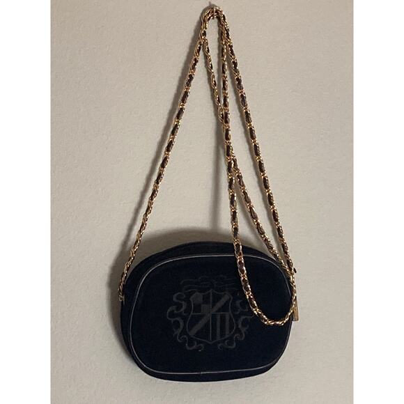 Ann Taylor Y2K Vintage Black Suede Leather Chain Strap Crest Crossbody Bag - Picture 1 of 8